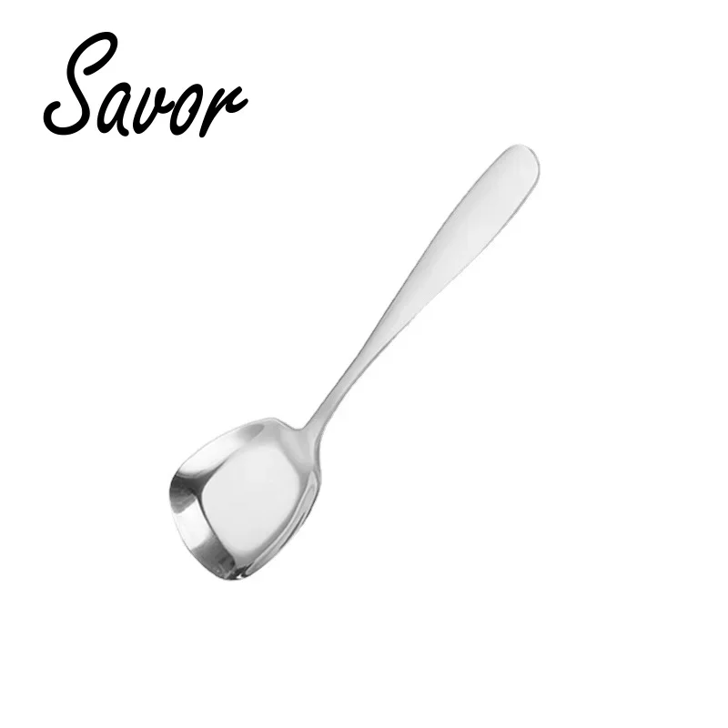 Plat bottom Spoon Stainless Steel Square Dinner spoons Rice Dinnerware Child Long Handle Drink  for Ice Cream Dessert Salad