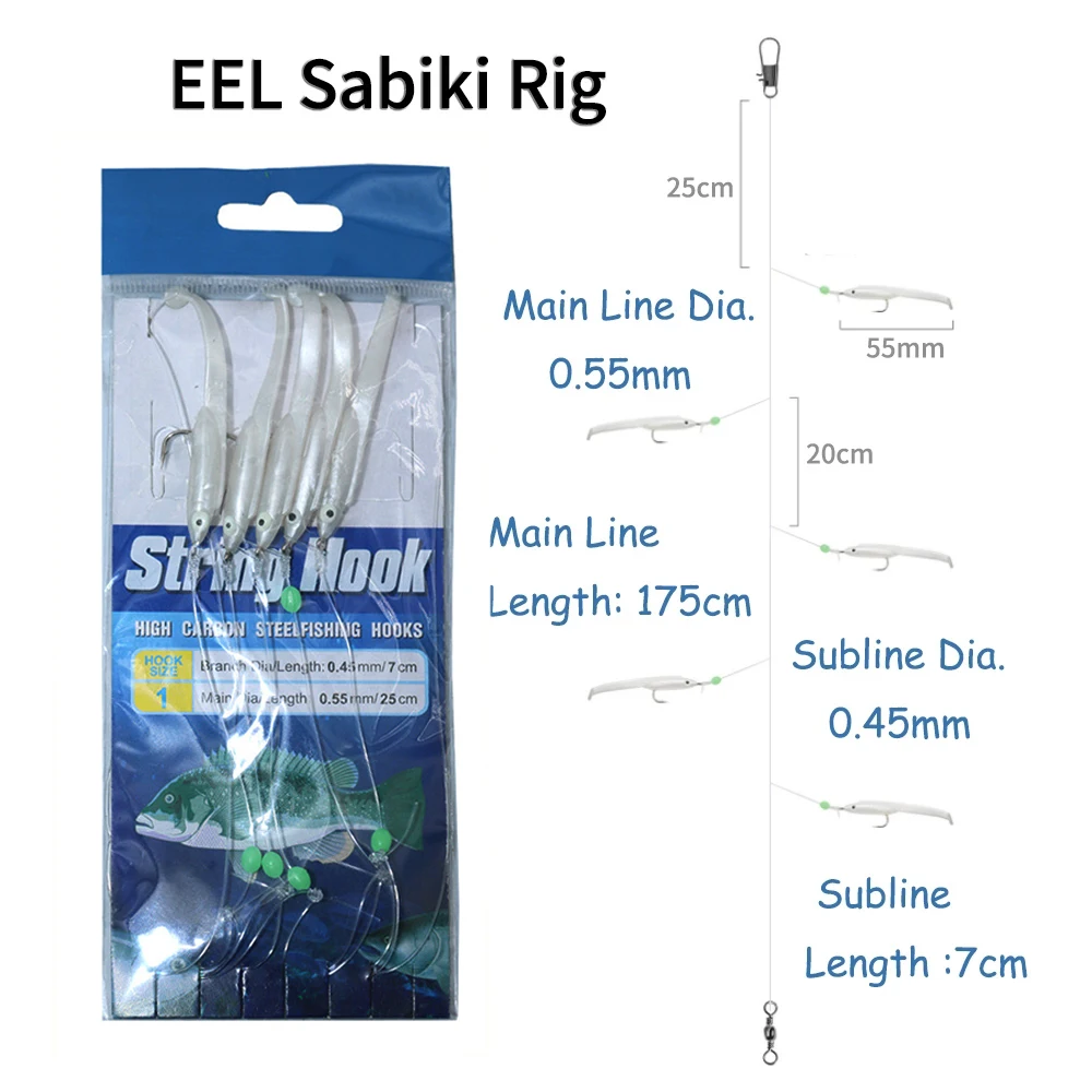 Elllv Soft Eel / Squid Skirts Sabiki Rig Small White Fishes Luminous Lure Set Saltwater Saury Mackerel Scad Fishing Tackle Pesca