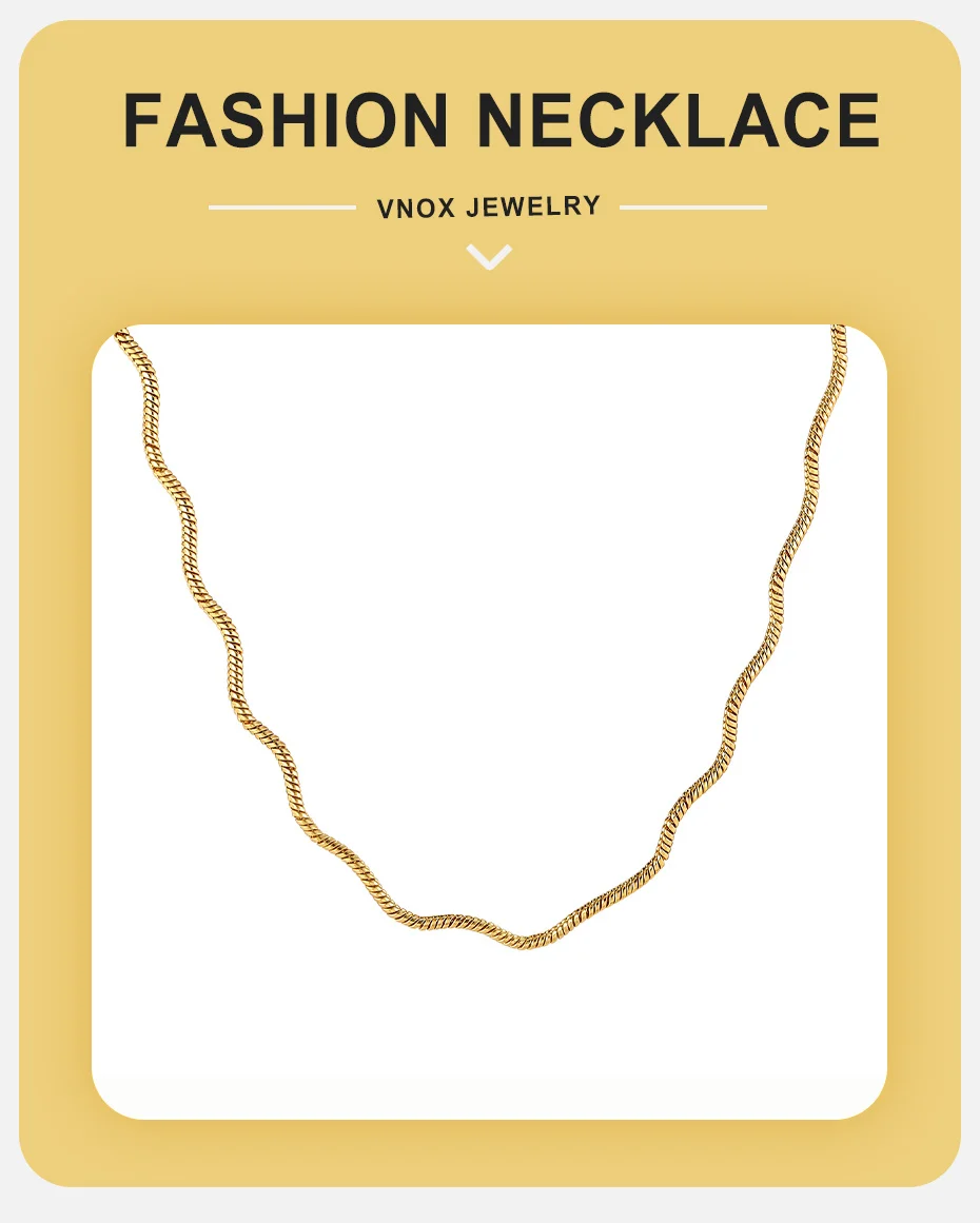 Vnox Trendige Minimalistische Wellenförmige Wasserwellen-Kettenkette für Frauen, Vergoldete Runde Schlangenkette, Choker, Alltagsschmuck, Wasserdicht – Detail 1