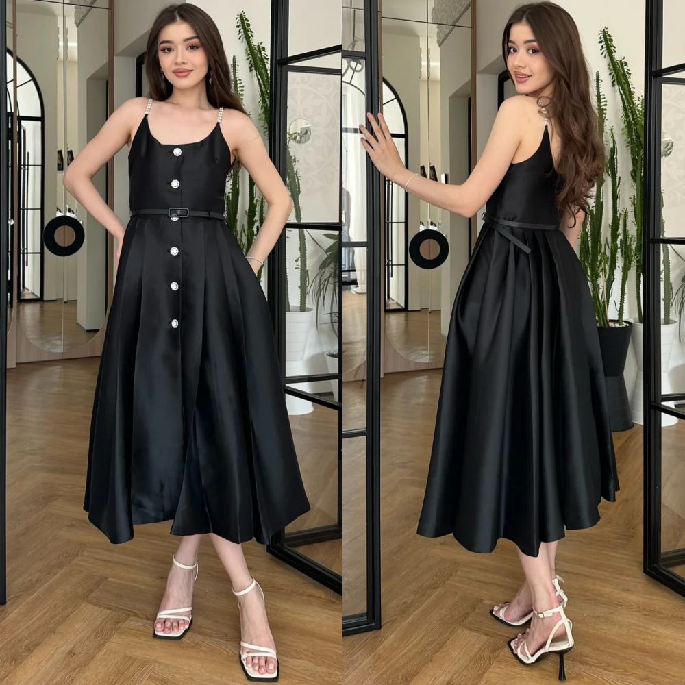 

Customized Intricate Matching Charmeuse Button Sash A-line Spaghetti Strap Midi Dresses Bespoke Occasion Sexy