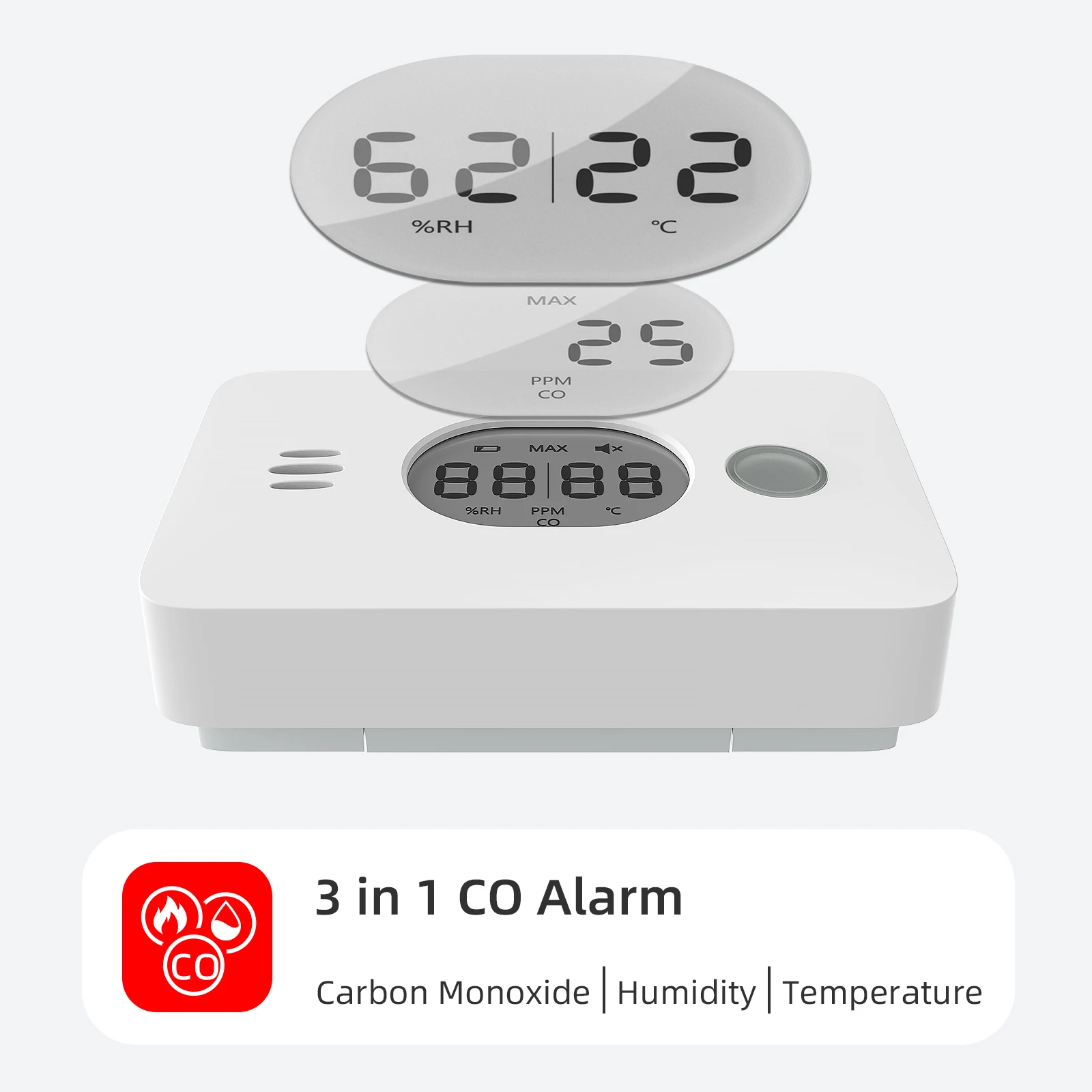 3 in 1 Carbon Monoxide Detector with Temperature&Humidity Digital screen Wireless CO Detector Home Security Protection CO Alarm