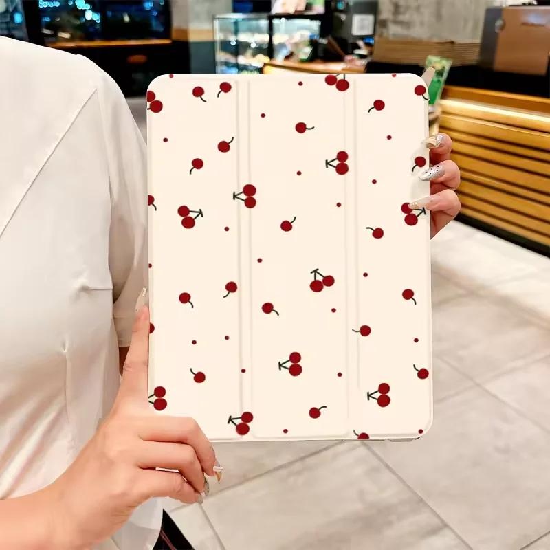 Cherry Pattern For iPad Case iPad Air 4 5 6 Pro 11 12.9in 13 M4 10.9 10.2 Mini 7 6 10th Three Folded Edge Case with Pen Holder