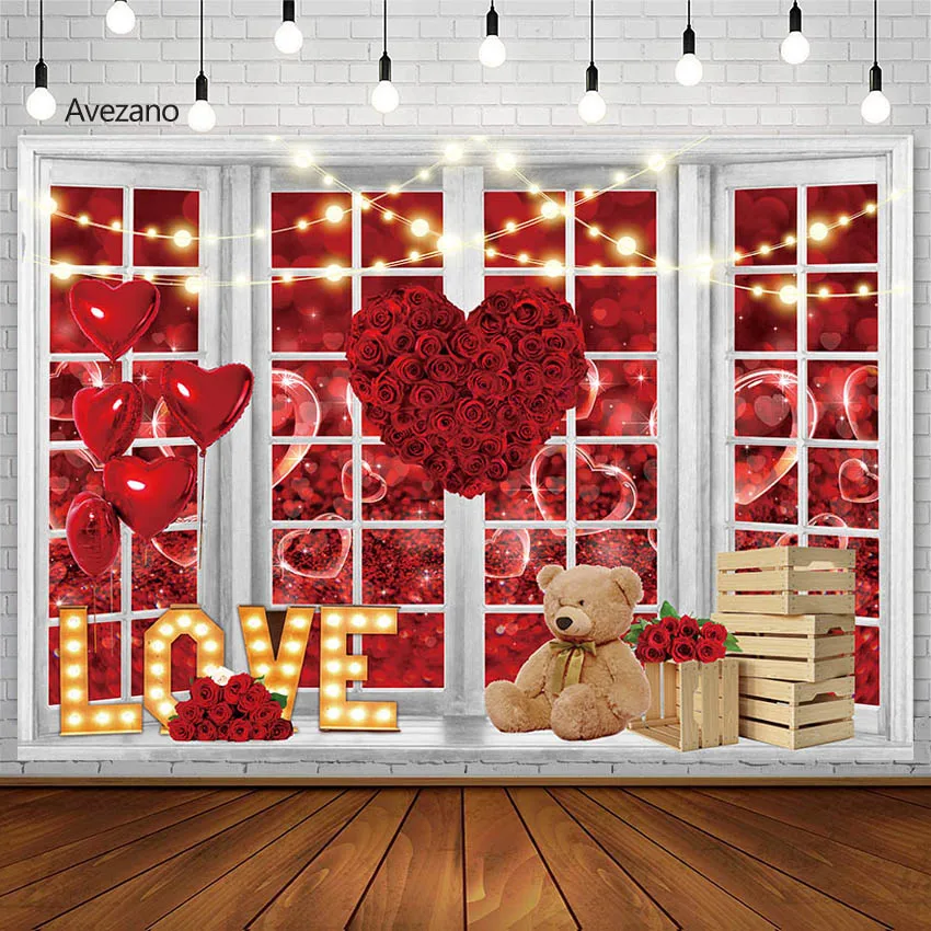 Avezano Backgrounds Photography Bear Red Balloon Rose Valentine's Day Decorative Background Photo Studio Decor Photobooth