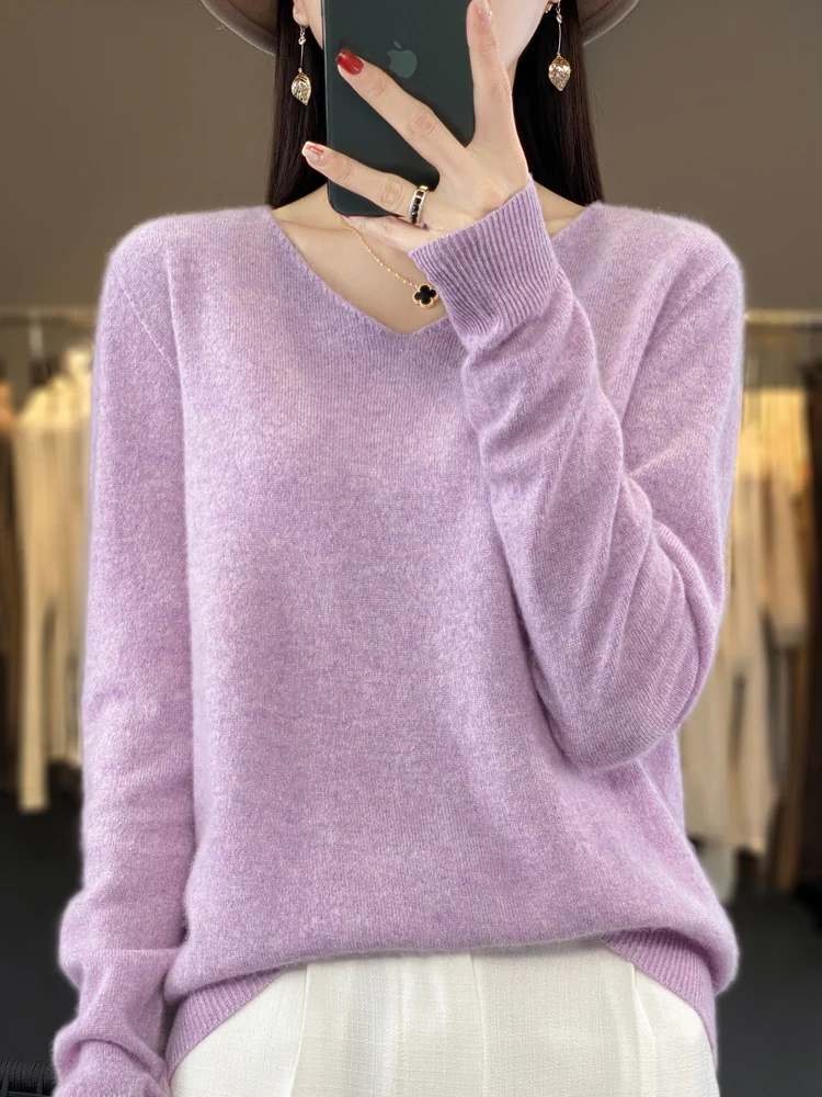 Aliselect-suéter de lana merina para mujer, Jersey de manga larga con cuello en V, Tops de punto de calidad, otoño e invierno, 100%