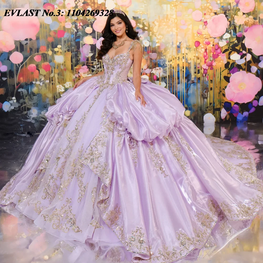 EVLAST Maßgeschneidertes glänzendes lila Lavendel-Quinceanera-Kleid, Ballkleid, goldene Spitze, Perlenapplikation, Sweet 16, Vestido De 15 Anos E3Q210