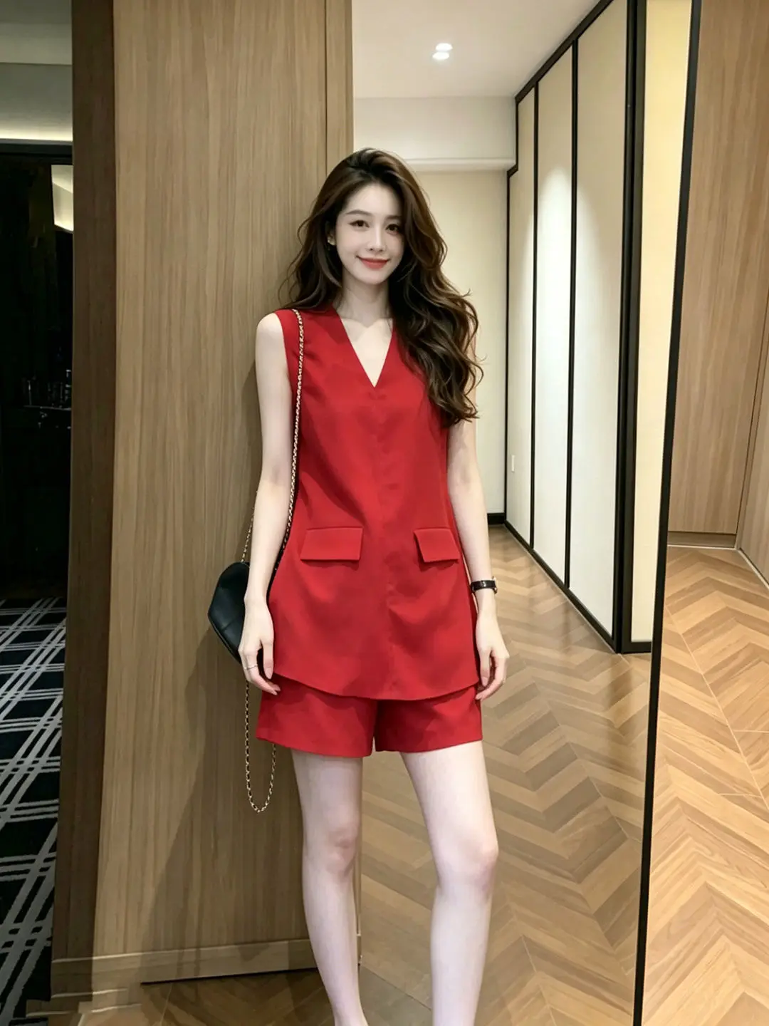 Unique Elegant Red Sleeveless Set for Women Summer Fashion Anti-Aging White Enhancing V-Neck Vest Shorts Two-Piece Suit