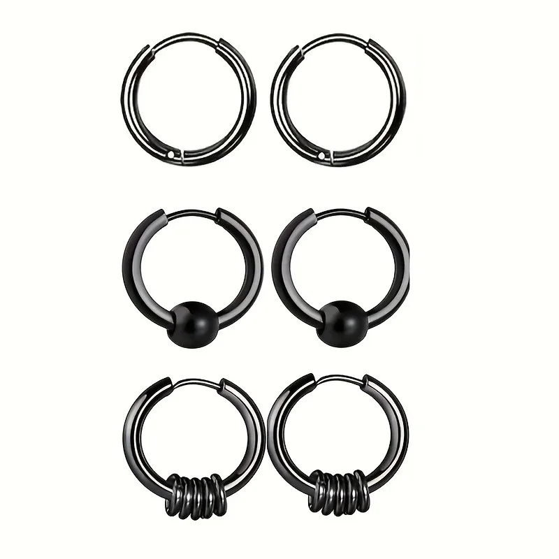 3 Pairs Stainless Steel Ball Decor Hoop Earrings For Men, Hip Hop Unisex Beads Circle Earrings
