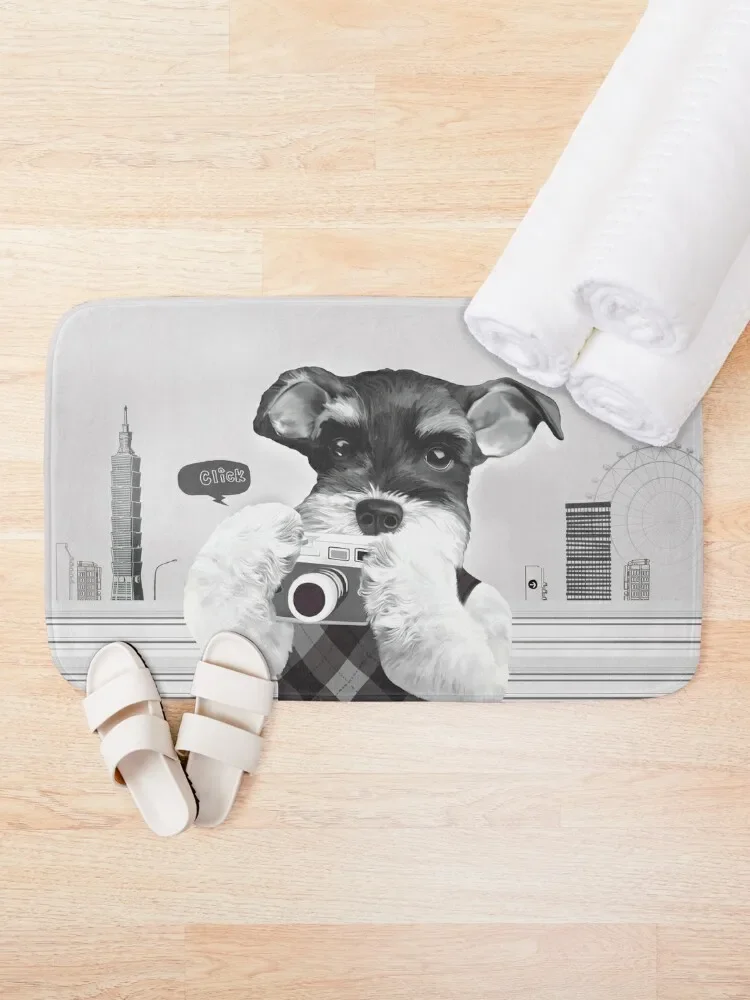 Schnauzer with Camera Bath Mat Carpet Living Room Bathroom Shower Bathroom Rug Set Anti-Slip Shower Mat