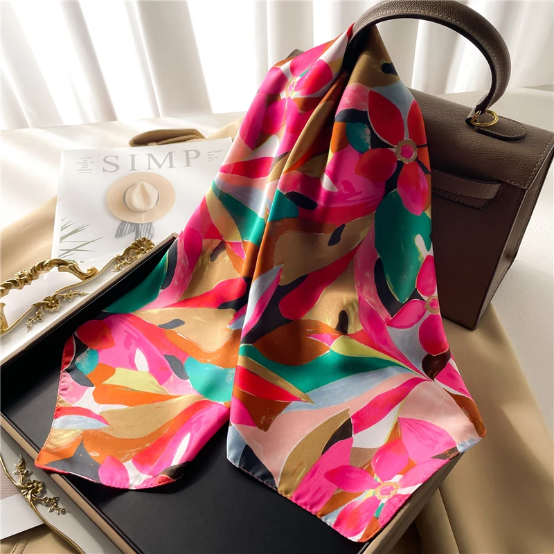 2024 Fashion Luxury Floral Print Square Silk Scarf for Women Hijab Hair Bands Neckerchief Female Satin Shawl Ribbon Headband