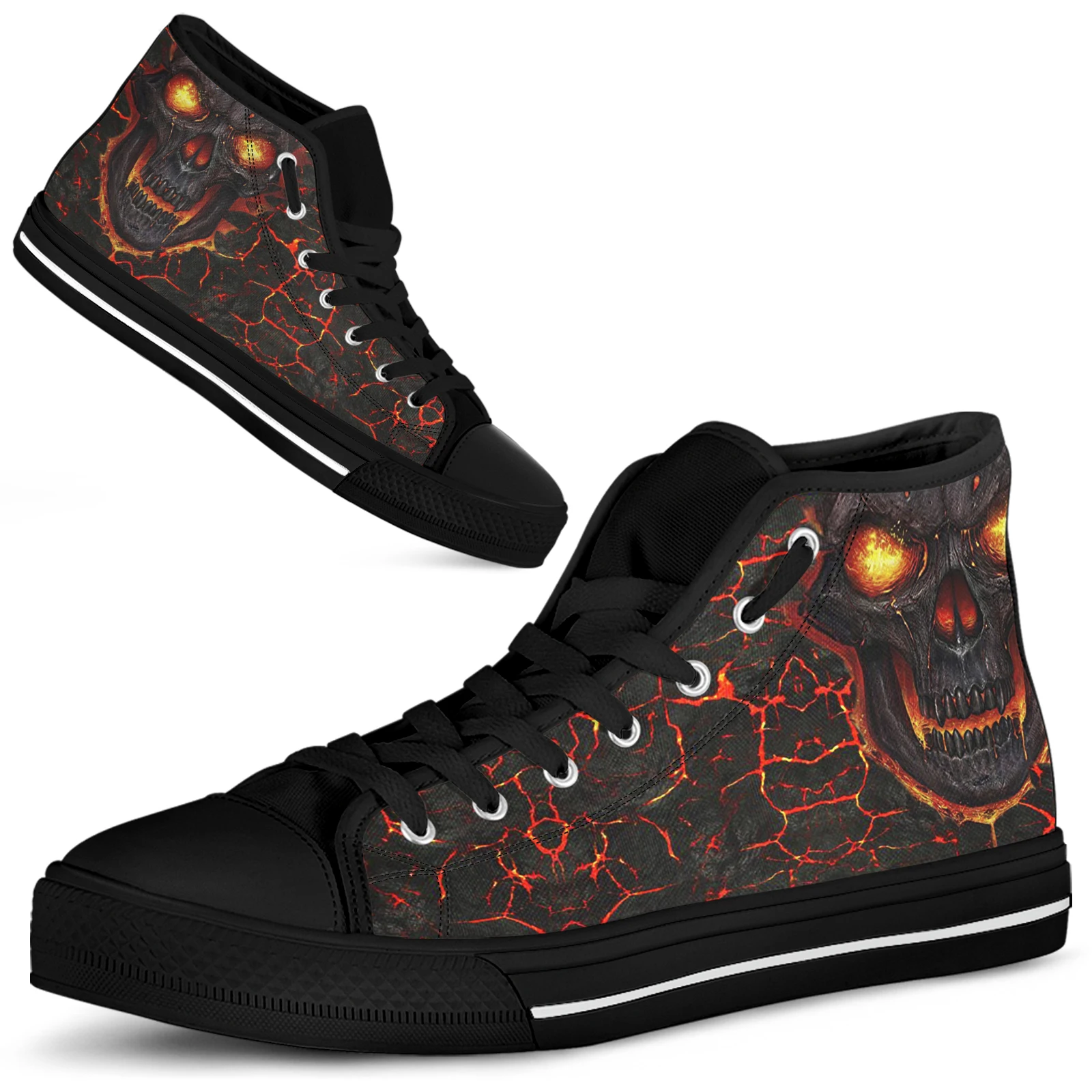 ELVISWORDS Horror Skull Flame Skull Men's Sneakers Day Of The Dead Skull Lace Up Black Men's Casual Shoes Outdoor Sneakers