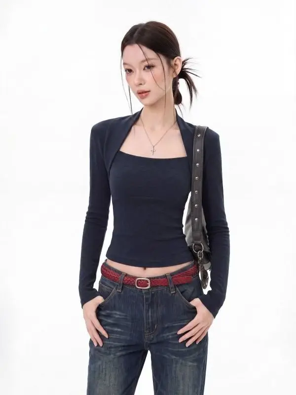 Slim Fit Long Sleeve Square Collar Two Piece Illusion T-Shirt Women's Spring Autumn Short Style Sexy Girl Cotton Blend Top