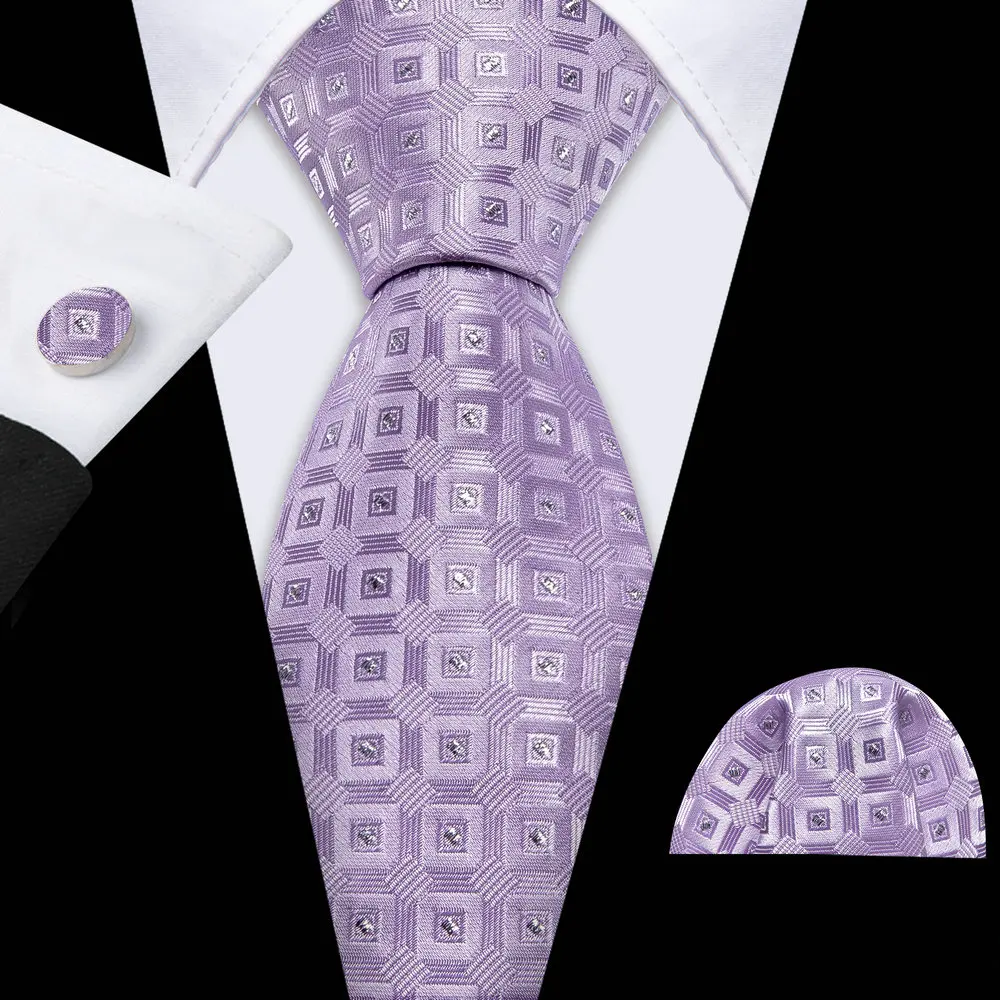 

Violet Purple Men's Tie With Pocket Square Cufflink Sets Exquisiet Plaid Silk Necktie For Male Wedding Designer Party Barry.Wang