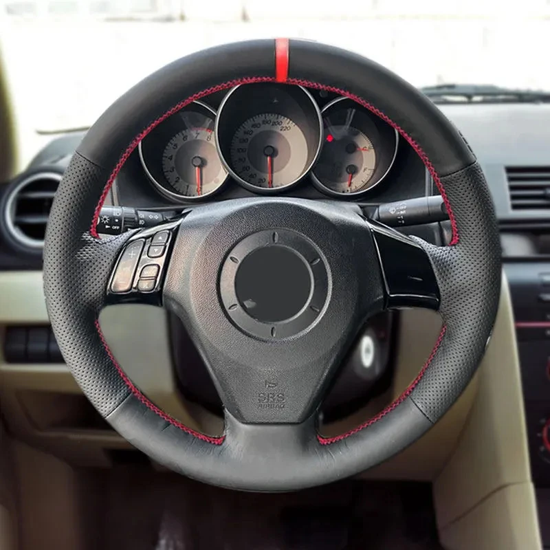 Car Interior Steering Wheel Cover Leather Trim For Old Mazda 3 Axela Mazda5 Mazda6 Atenza 2004-2008 MPV Pentium B70 w/ red strip