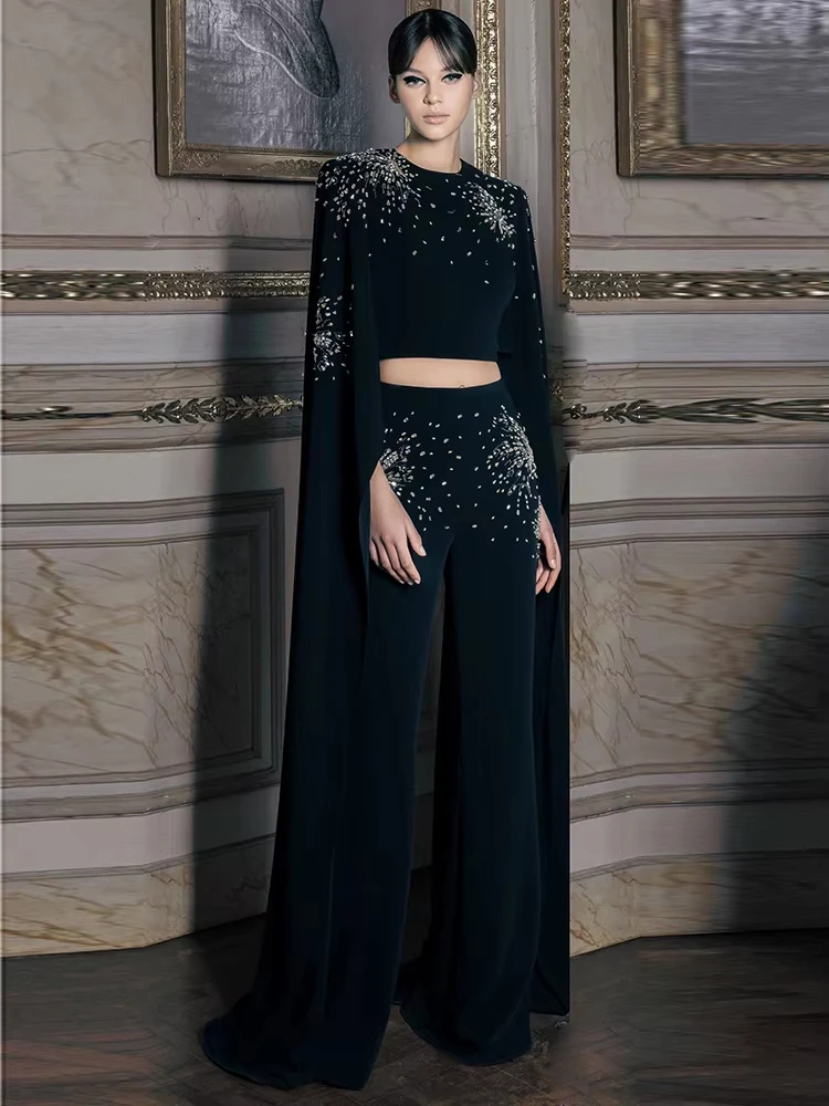 

HIGH STREET 2024new Designer Runway Suit Set Elegant Women Batwing Sleeve Stunning Diamonds Beaded Cropped Tops Pants Set 2Piece