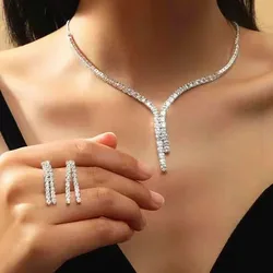 FYUAN Simple Geometric Zircon Necklace Earrings Women Crystal Earrings for Wedding Bride Jewelry Sets Accessories
