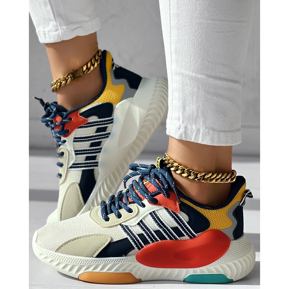 Fashion Women Colorblock Breathable Mesh Lace-up Sneakers Daily Casual Round Toe Platform Sports Shoes Spring Going Out Shoes