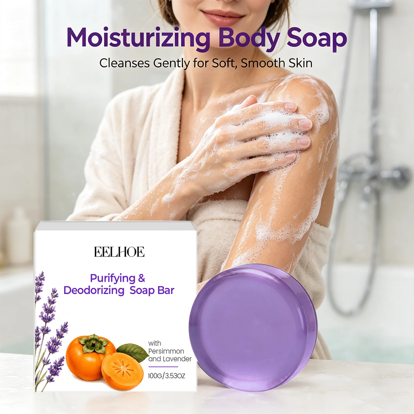 Purifying & Deodorizing Soap Bar Cleaning & Soothing Skin Relieve Tightness Reduce Odors Persimmon Lavender Body Cleansing Soap