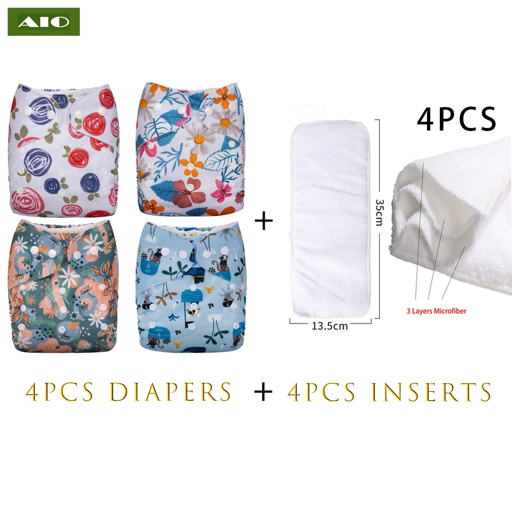 

[AIO] 4 diapers+4 Inserts Infant Adjustable Pocket Diaper Reusable Ecological Waterproof Eco Nappy Baby Cloth Diaper Fit 3-15KG