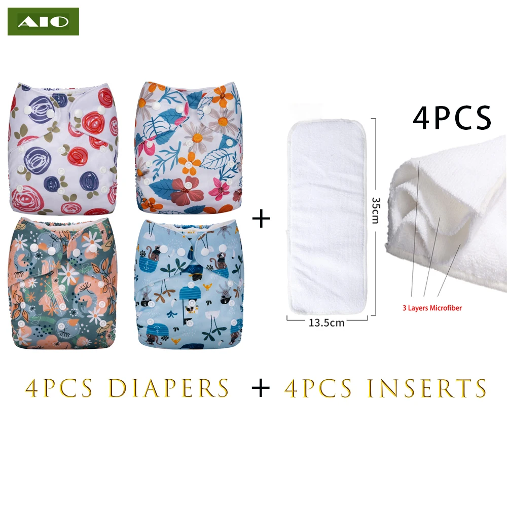 [AIO] 4 diapers+4 Inserts Infant Adjustable Pocket Diaper Reusable Ecological Waterproof Eco Nappy Baby Cloth Diaper Fit 3-15KG