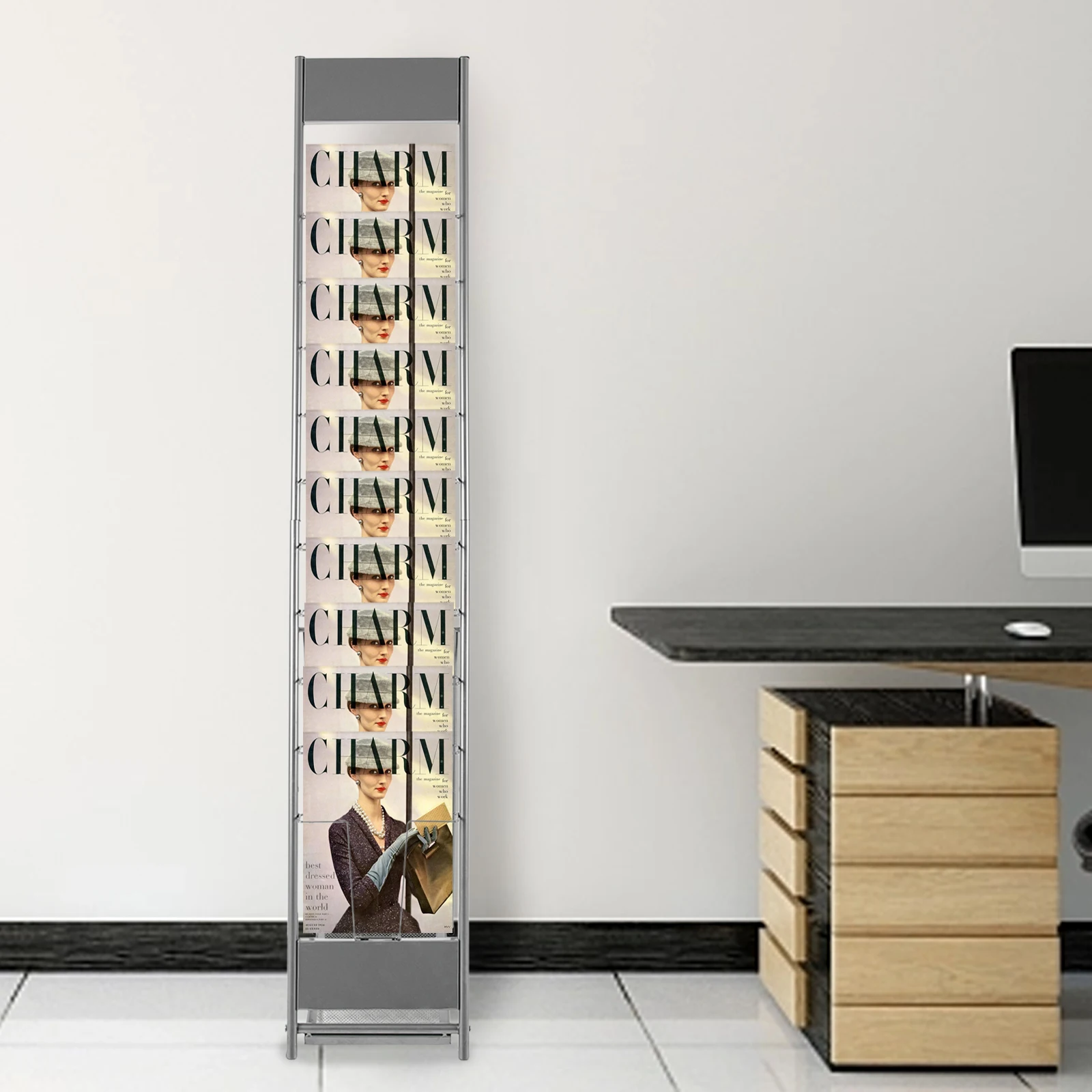 10 Tiers Floor-Standing Magazine Rack Commercial Brochure Stand Literature Holder