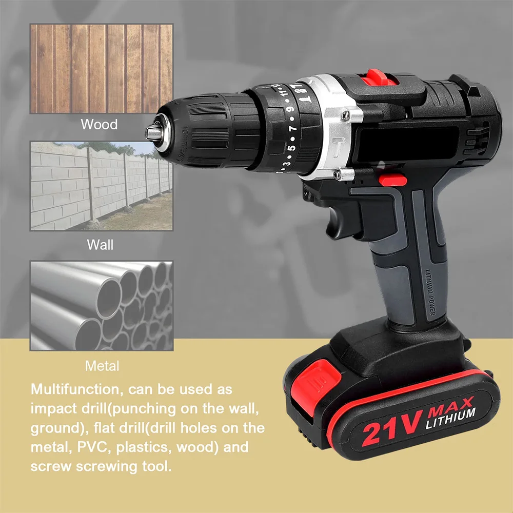 

Аккумуляторная ударная дрель 21В, мощная, с литиевой батареей, беспроводная, перезаряжаемая, ручная дрель для дома и DIY, электроинструмент