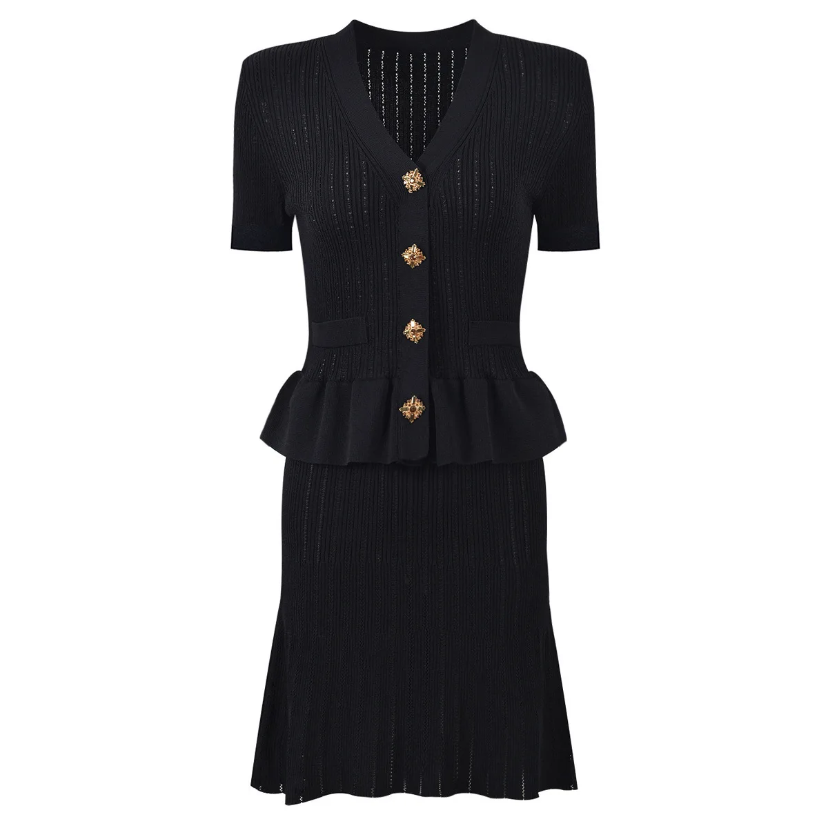 ZJYT Vestidos de suéter de malha de verão para mulheres 2025 manga curta decote em V babados botões de cristal elegante vestido de festa amarelo azul