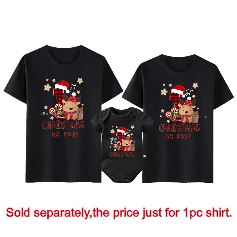 New Family Christmas Shirts Cotton Matching First Christmas As Dad Mom Tshirts Baby Deer Rompers Funny Look Xmas Party Outfits