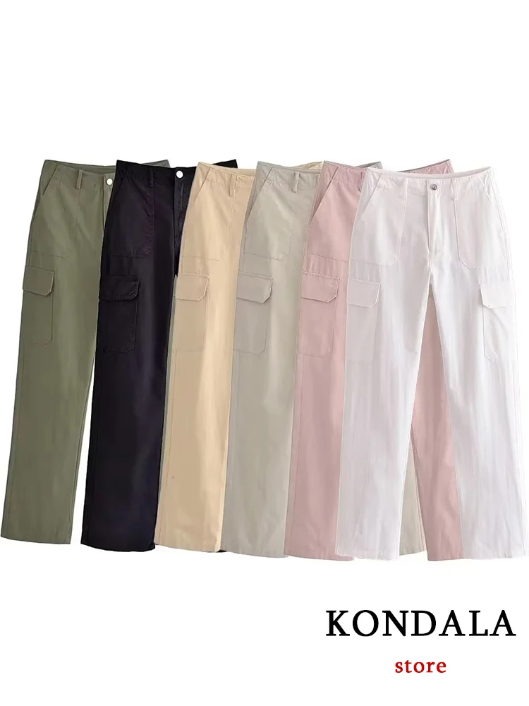 KONDALA Casual Solid Cargo Pants Women Pockets High Waist Wide Leg Jogging Trousers Fashion 2023 Streetwear Girl Y2K Zipper Pant