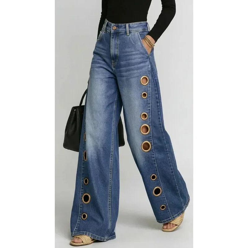 Missuoo Women's 2026 New Washed Blue High-Waist Metal Grommet Wide Leg Jeans, Casual Loose Fit Streetwear Pants for Daily Wear - Image 4