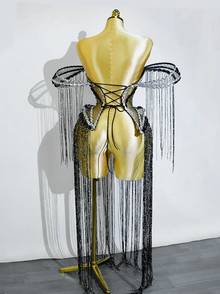 فستان نسائي طويل شفاف بقماش شفاف لامع أسود ترتر مثير بدون حمالات برباط عرض زي لحفلات أعياد الميلاد كرنفال