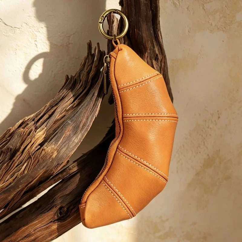 Vegetable Tanned Top Layer Leather Croissant-Shaped Coin Purse Unisex Portable Earphone Lipstick Pouch With Lanyard