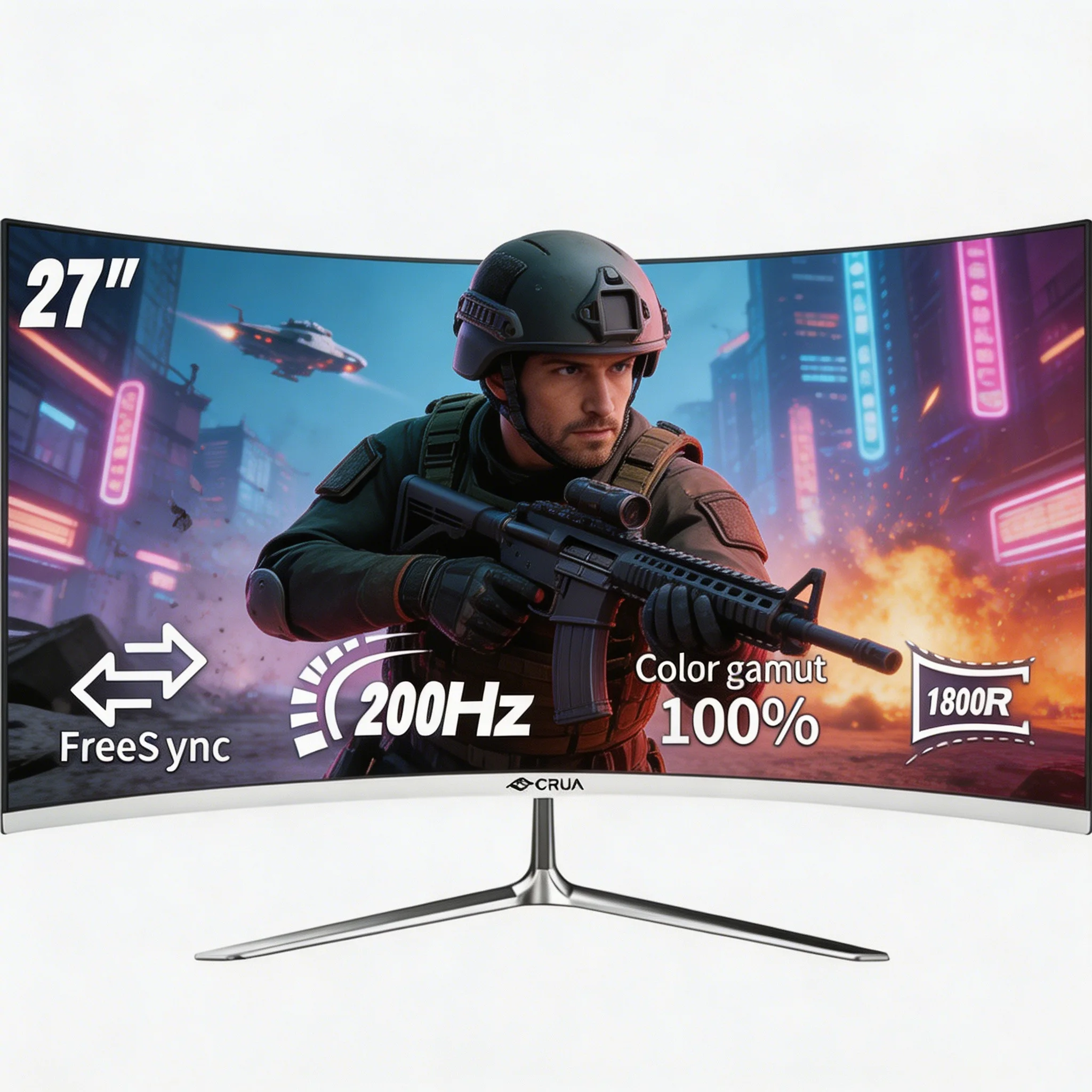 Monitor Curvo para Juegos CRUA de 27 Pulgadas, 200Hz FHD 1080P, FreeSync, Baja Distorsión de Movimiento, Protección Ocular