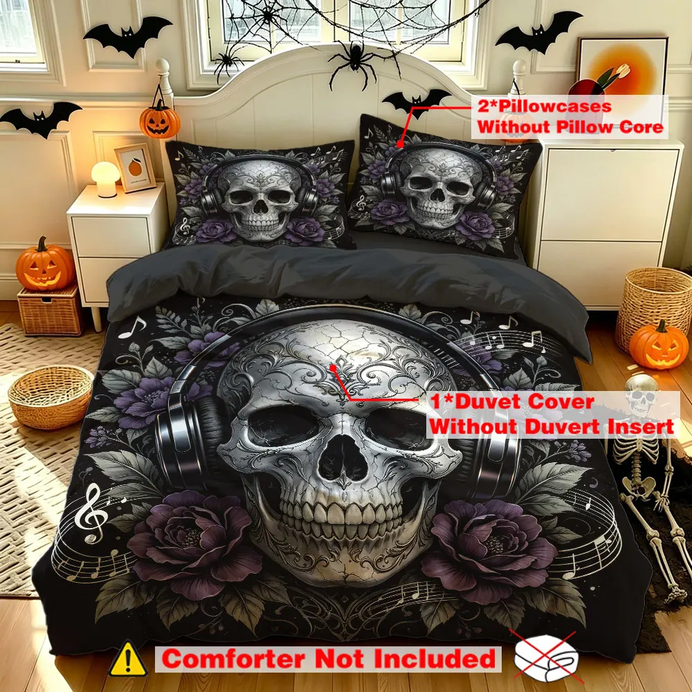 3pcs(1 duvet cover + 2 pillowcases, coreless)with skull-head and purple flower music-themed bedding set,in multiple sizes