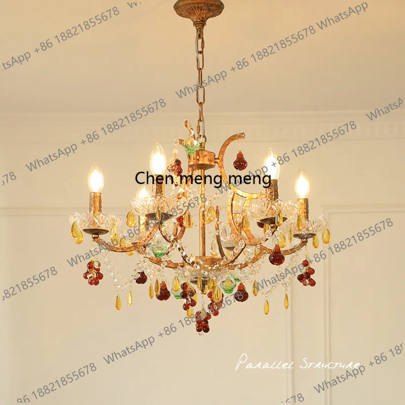 

French living room lights vintage aged grape bunches crystal chandeliers American retro three-color dimming