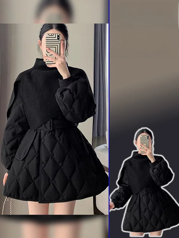 

Роскошный вязаный комплект из двух предметов больших размеров: пальто-накидка с ромбовидным узором и хлопковая кофта с эффектом утяжки талии для женщин