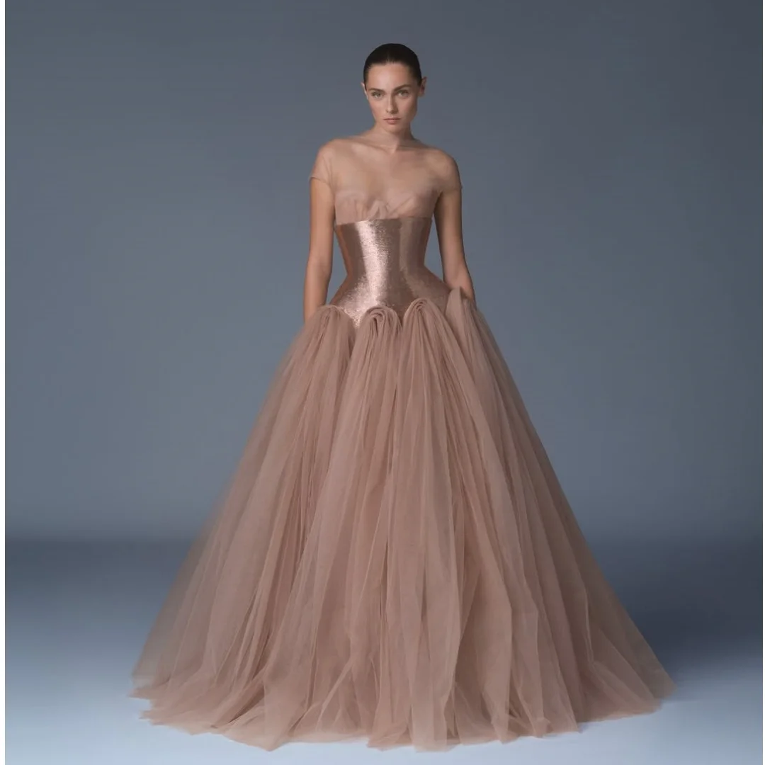 

Classic Rose Gold Evening Dresses for Women Sweetheart Tulle Sleeveless Robes de Soriee Shiny Floor Length Prom Gowns Customized