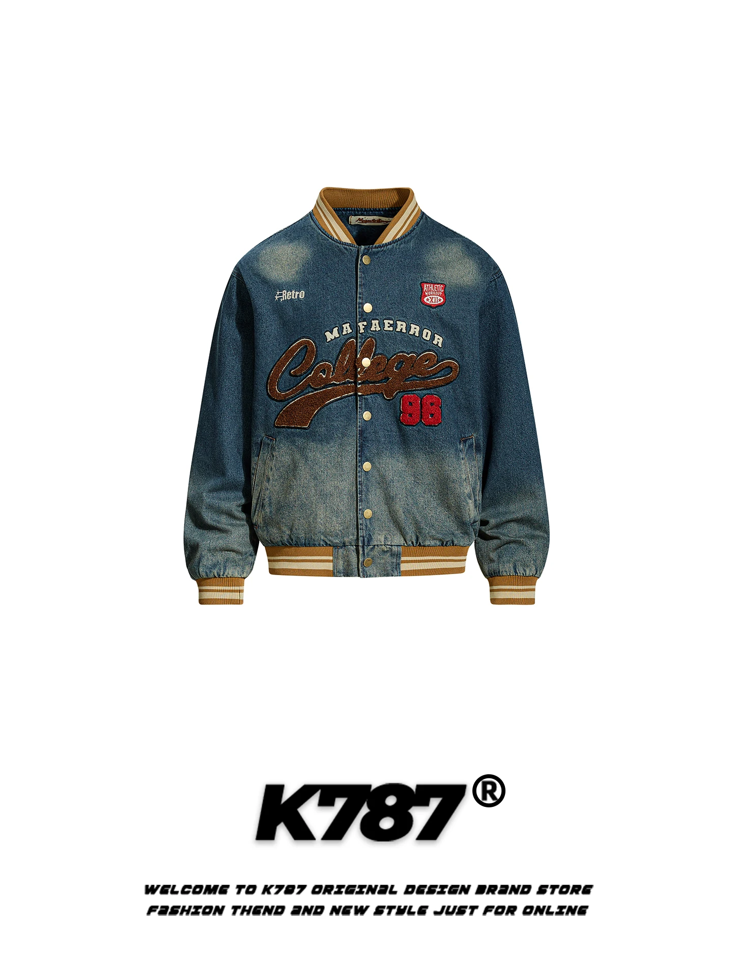 

Retro American Embroidered Lettering Denim Jaet Loose Casual Streetwear for Couples Spring Cotton Outerwear K787