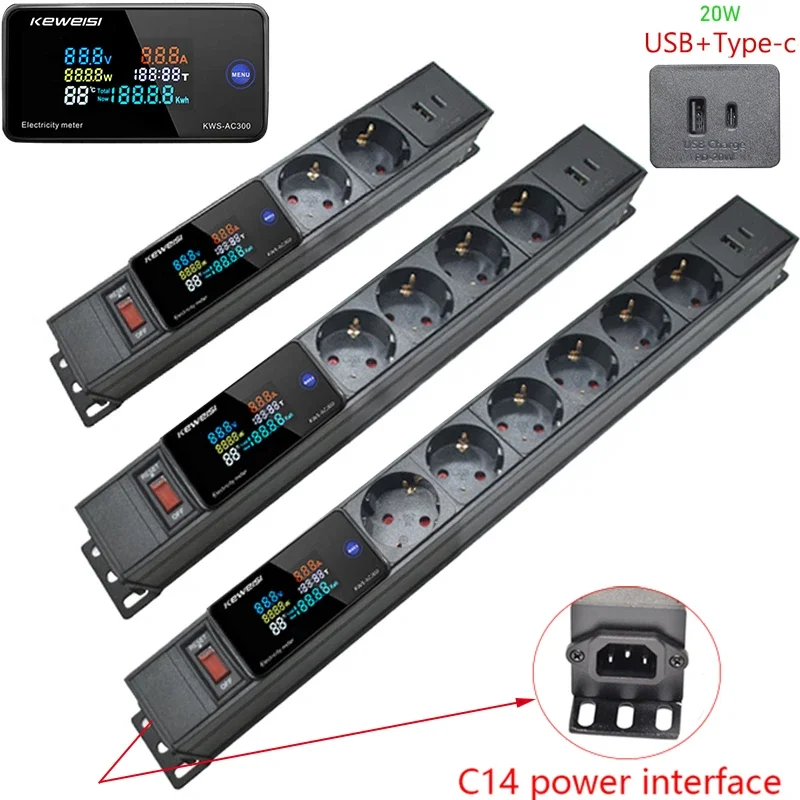Стойка для шкафа PDU Удлинитель 2/3/4/5/6/7Ways Розетка европейского стандарта USB + Type-C с переключателем Амперметр Вольтметр Амперметр Интерфейс C14