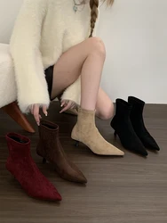 Pointed Toe Women Sock Boots 2024 New Arrials Thin Mid Heels Black Beige Brown Red Slip On Sock Booties Stretch Botas Size 35-39