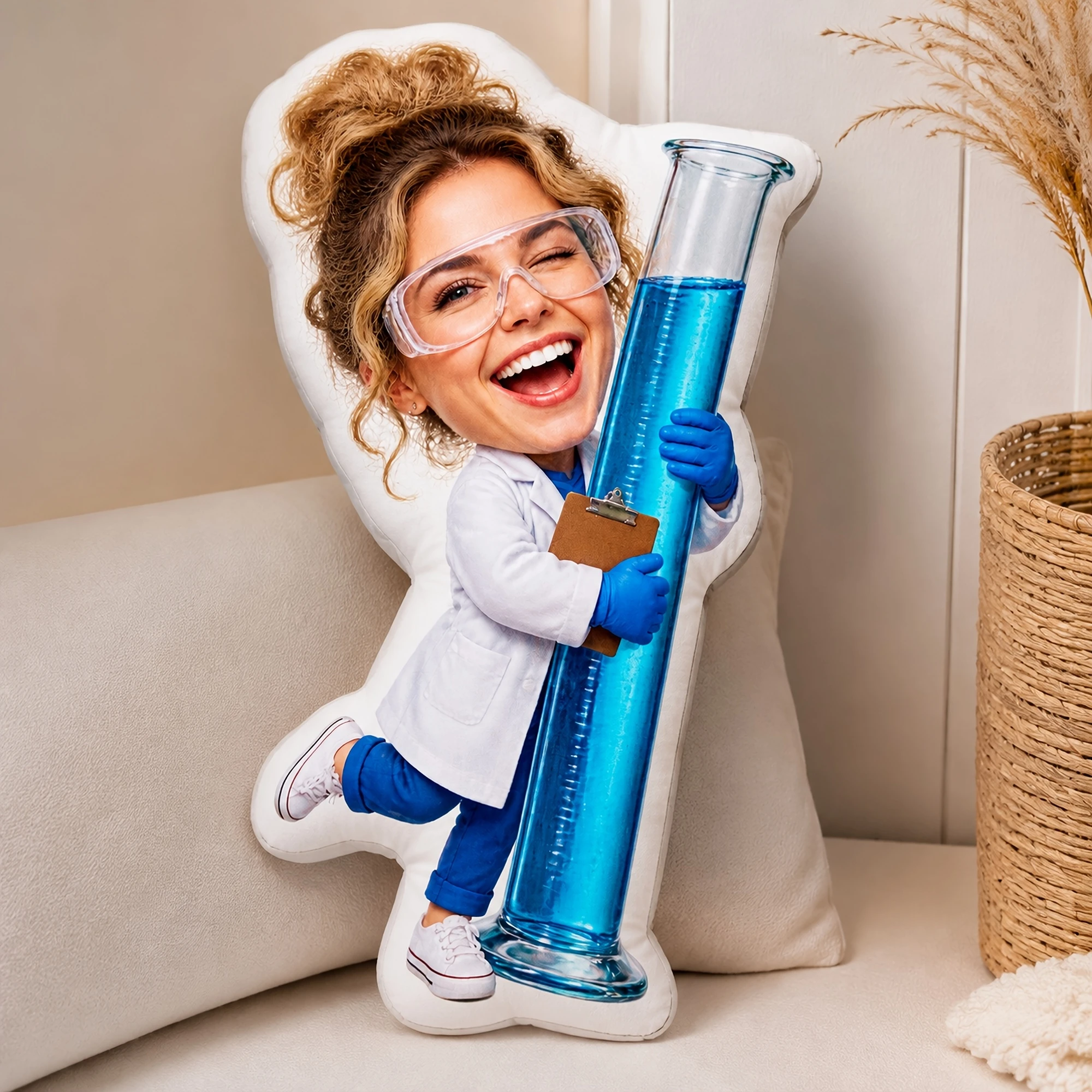 1pc Custom Double Sided Printed Creative Fun Shaped Throw Pillow, Scientist Woman Holding Blue Flask, Novelty Home Sofa Bed Deco