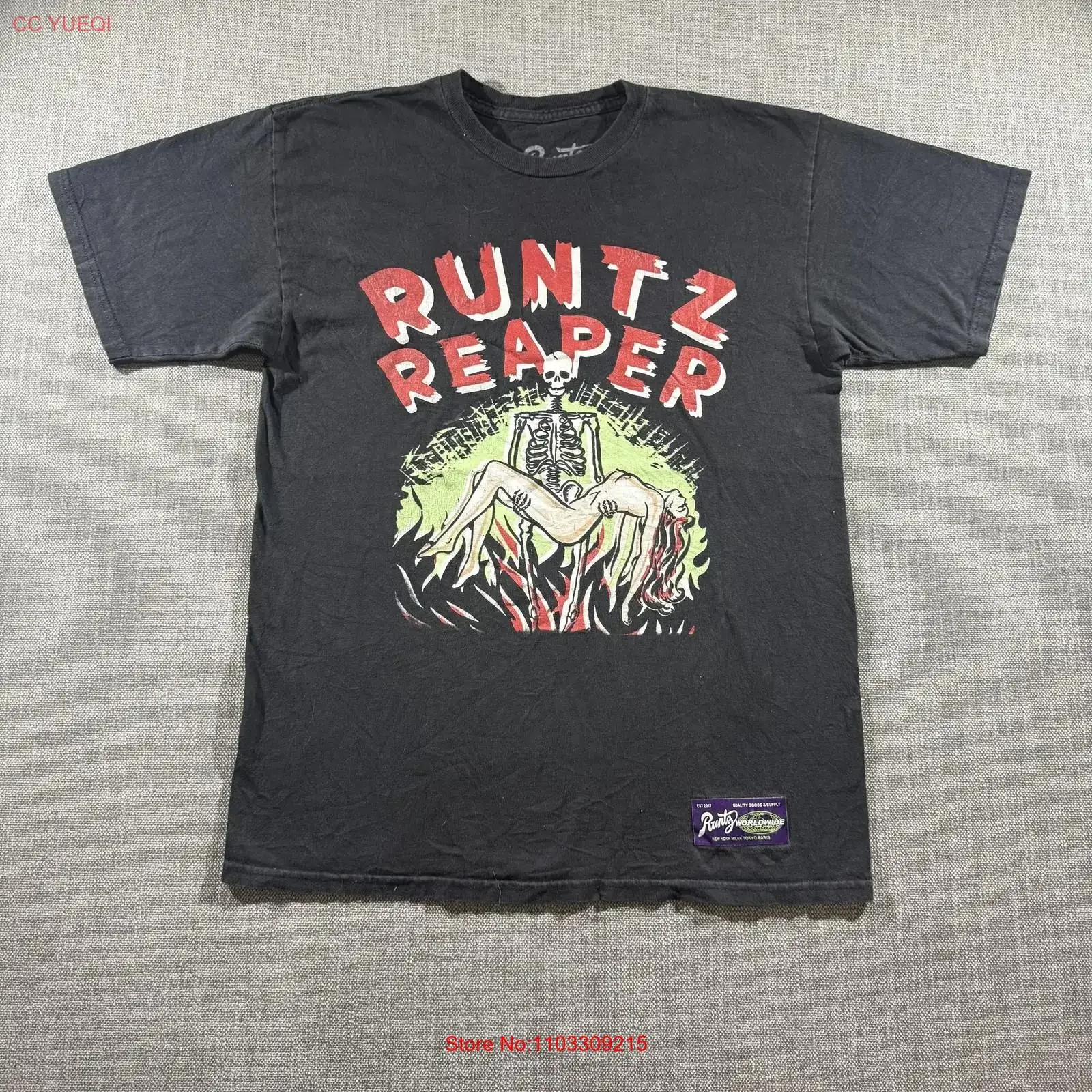 Camiseta Runtz Reaper para hombre, talla mediana, negra, estilo urbano, algodón vintage lavado, unisex, ligeramente estilo urbano, gráfico, informal