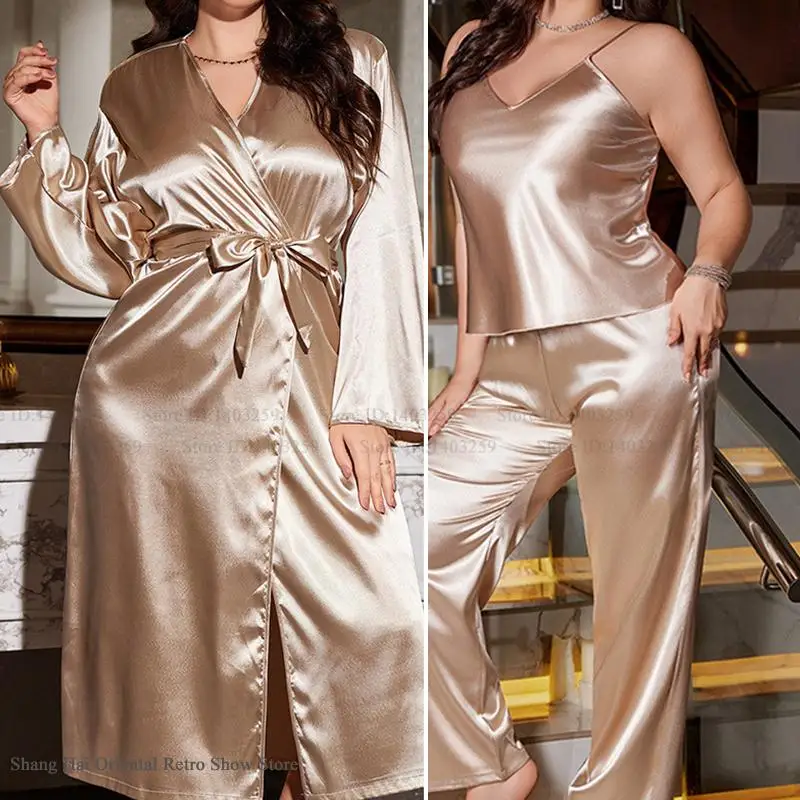 

Женские пижамы больших размеров, комплект из 3 предметов, одежда для сна, весенне-осенняя ночная рубашка, длинный банный халат, брючный пижамный костюм, свободная одежда для дома, домашняя одежда