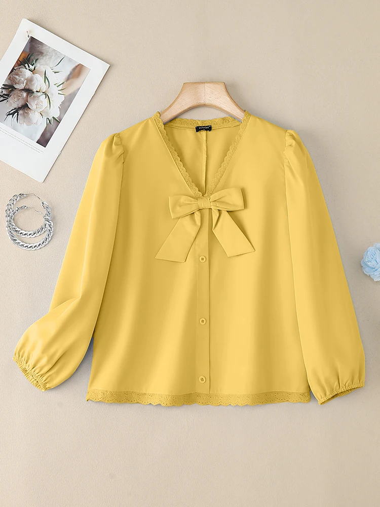 VONDA 2025 秋 韓国風トップス レディース リボン Vネック エレガントブラウス おしゃれシャツ パフスリーブ ボタン 無地 チュニック ホリデーブラウス