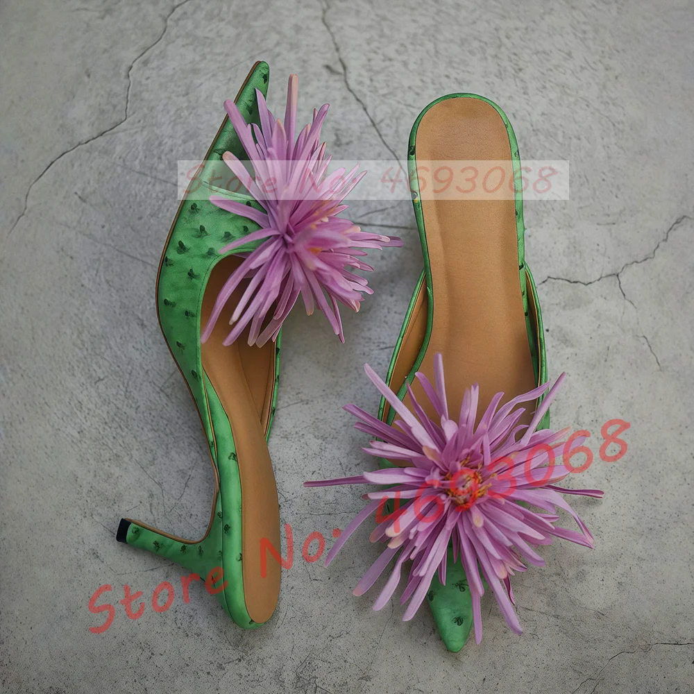 

Green Mid Heeled Mules With Flower Applique Women Elegant Opened Pointy Toe Slippers Stylish Outside Ostrich Leather Print Shoes