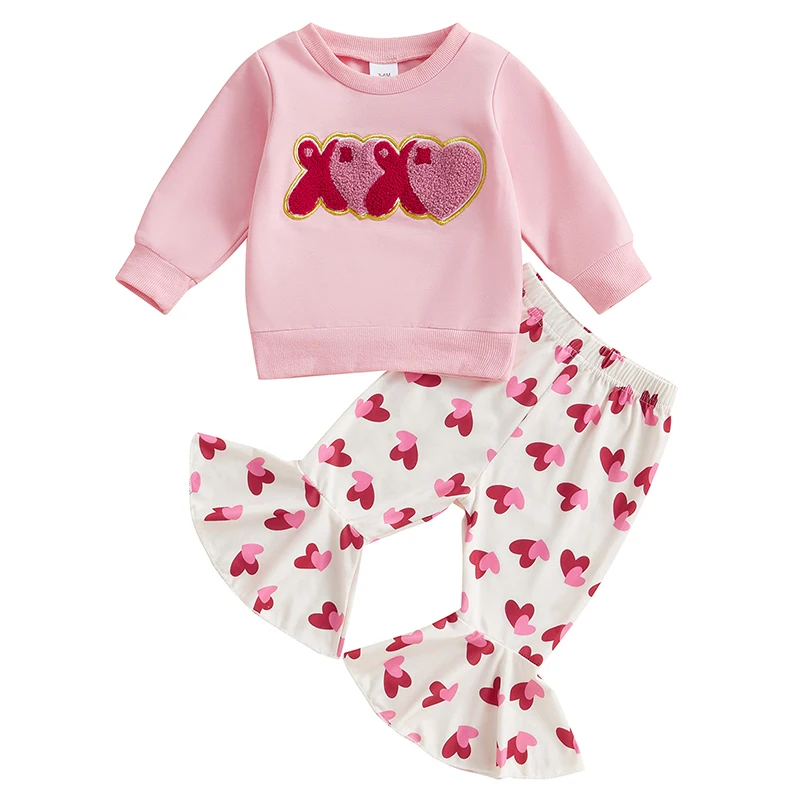 Toddler Girls Valentine s Day Sets Letter Embroidered Long Sleeve Sweatshirt Heart Print Flare Pants 2-Piece Outfits