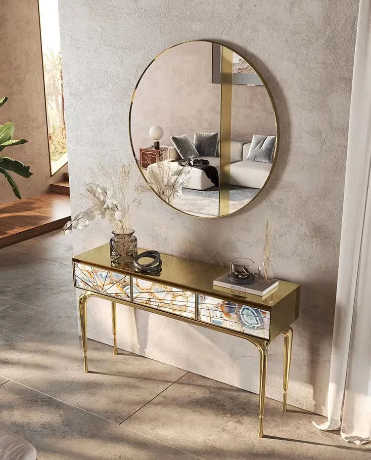 Italian-style Light Luxury Porch Cabinet Villa Simple Stainless Steel Agate Decorative End View Table