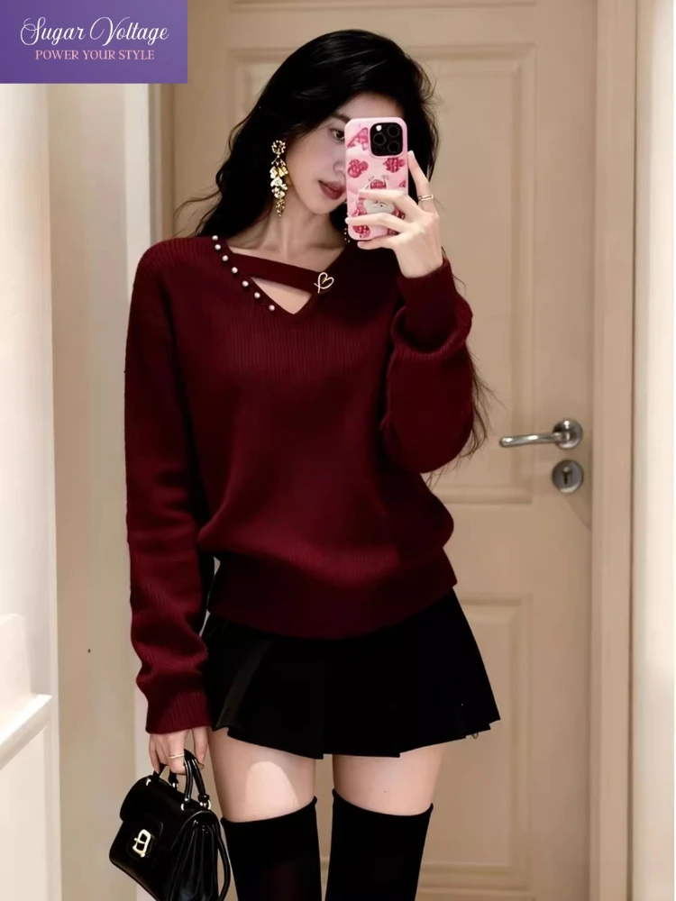 

Французский роскошный вязаный свитер женский свободного кроя, красный, с V-образным вырезом, ажурный пуловер, осенне-зимний, модный, повседневный, элегантный, шикарный, трикотажный топ