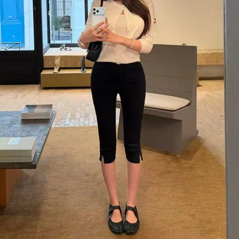 High Waist Capri Pants Women's Denim Jeans Elastic Side Slit Black Butt Lifting Seven Tenths Lengthened Tight Fit Summer Jeans