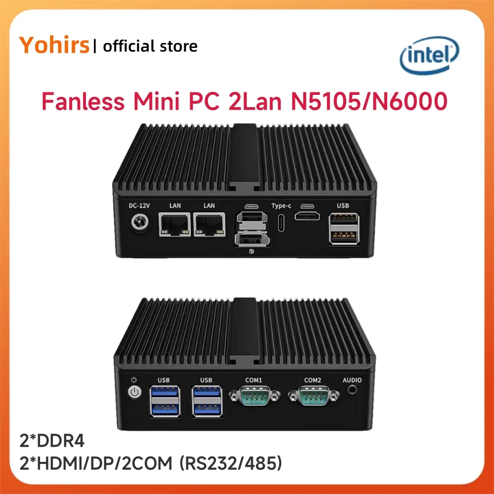 Yohirs-Fanless Mini Server, Celeron N5105 N6000, 4Core Industrial Computer, Automação, Win11, pfsense, 2LAN, RS232, RS485, COM, 2HD2.0, 1DP