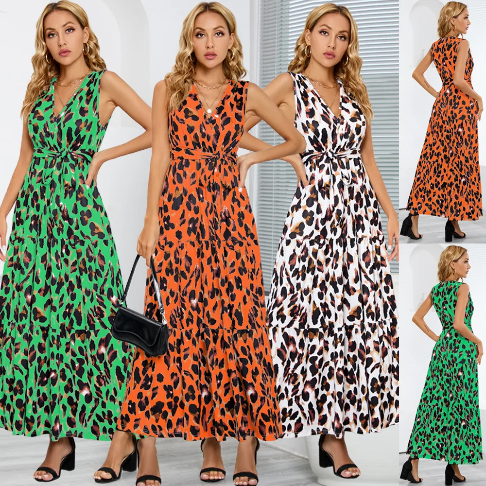 

V-neck leopard print slimming strappy dress cross-border cocktail party fashion long skirt women's large size